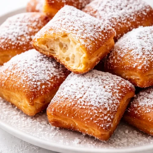 Golden brown, airy New Orleans beignets piled on a plate, generously dusted with powdered sugar and emitting a light vanilla aroma.