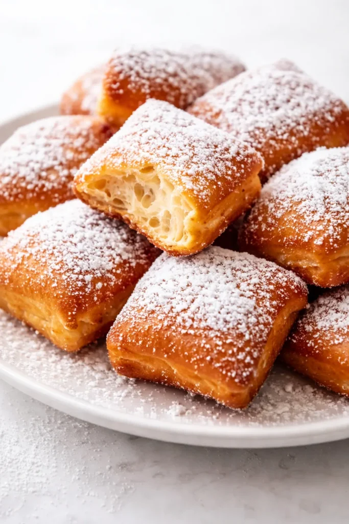 Golden brown, airy New Orleans beignets piled on a plate, generously dusted with powdered sugar and emitting a light vanilla aroma.