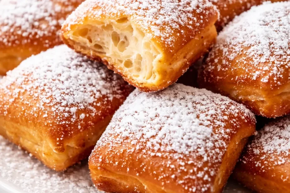 Golden brown, airy New Orleans beignets piled on a plate, generously dusted with powdered sugar and emitting a light vanilla aroma.