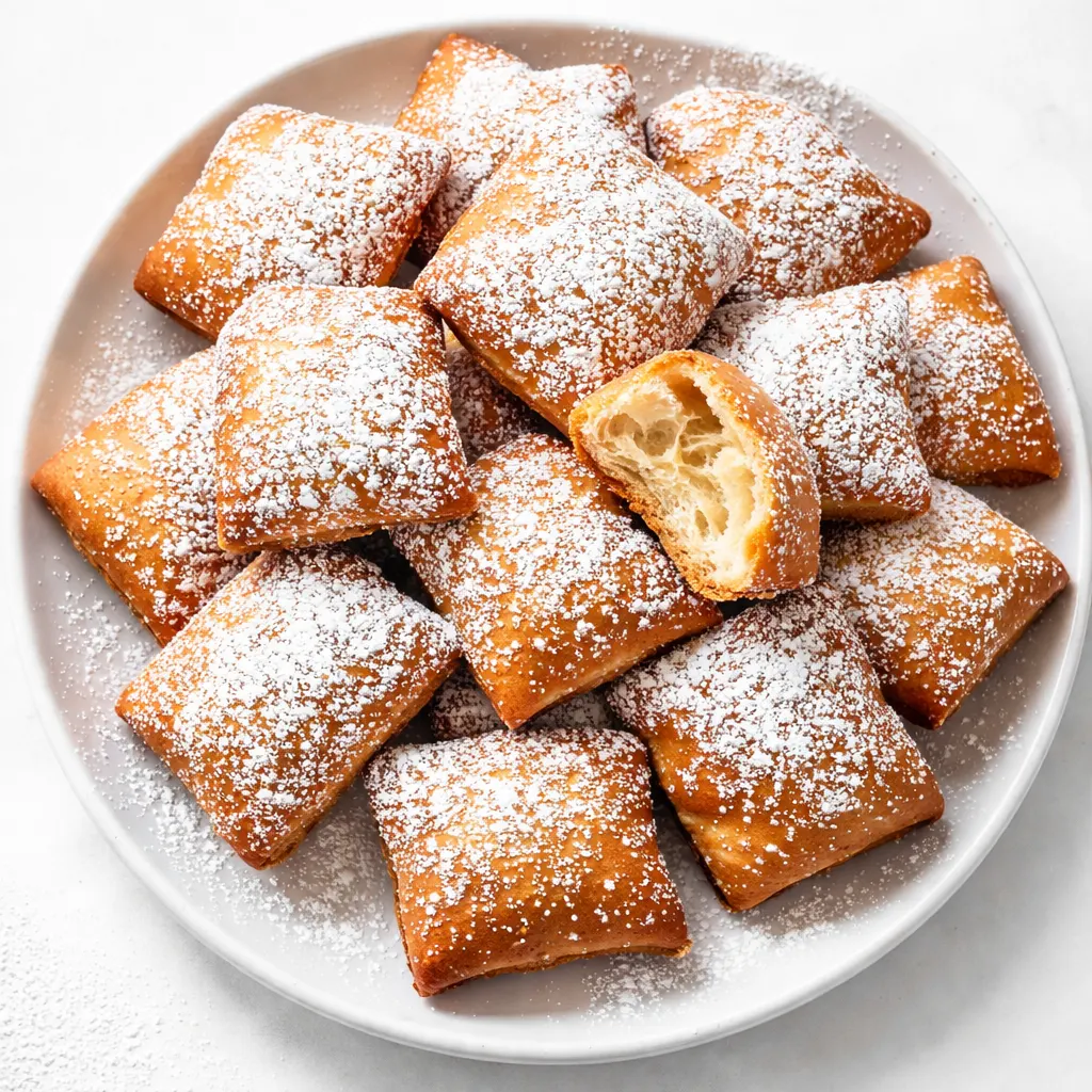 Floured hands shaping golden, airy vanilla beignets dough, a classic New Orleans beignet process