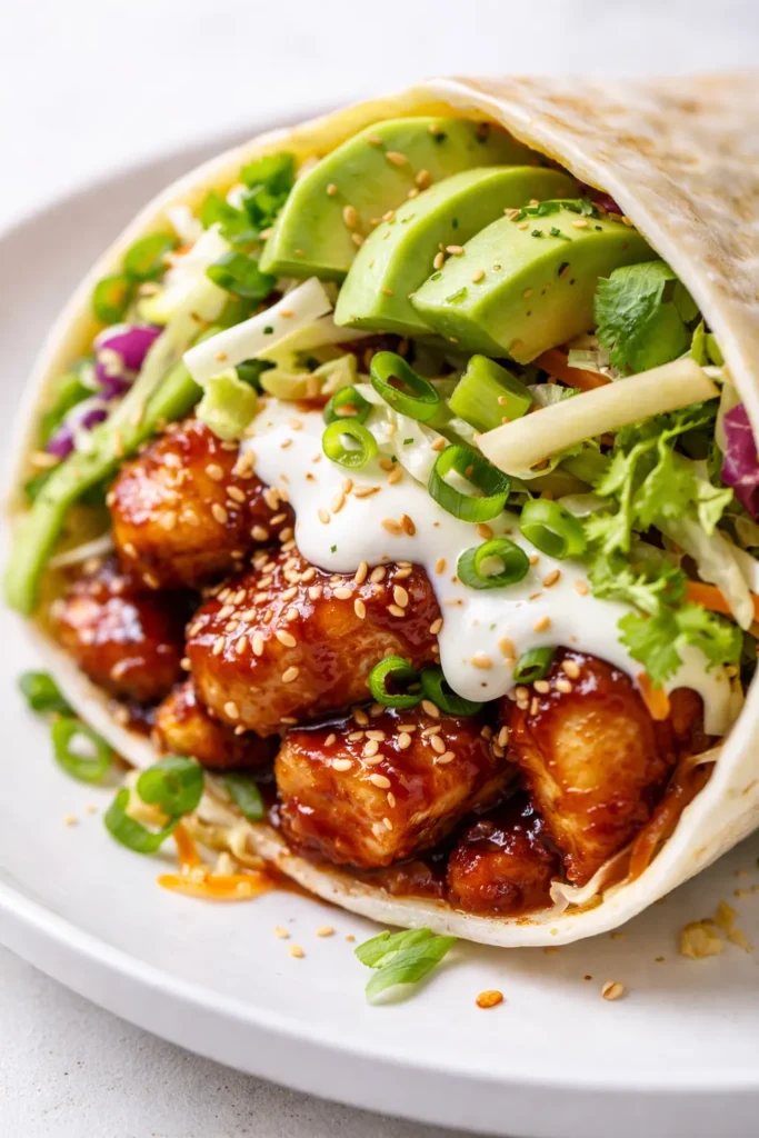 Golden flour tortilla filled with fluffy scrambled eggs, seasoned black beans, melted cheddar cheese, and creamy avocado slices, with a small dish of salsa verde on the side