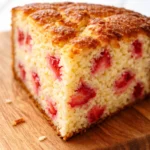 Moist strawberry lemon yogurt cake on a plate with lemon glaze, fresh strawberry slices, and lemon zest, revealing a tender crumb.