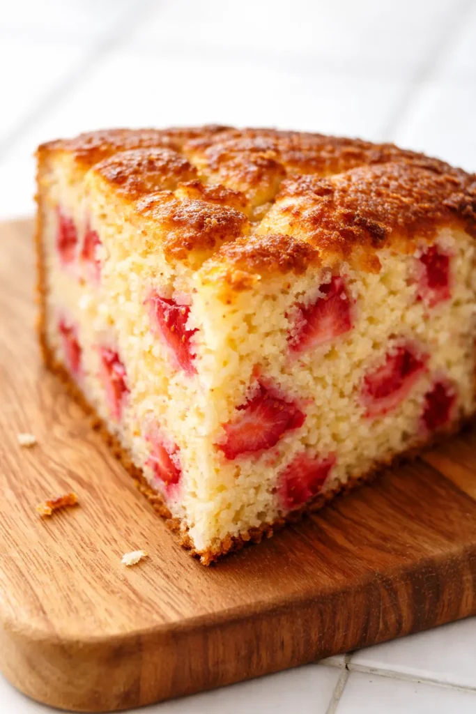 Moist strawberry lemon yogurt cake on a plate with lemon glaze, fresh strawberry slices, and lemon zest, revealing a tender crumb.