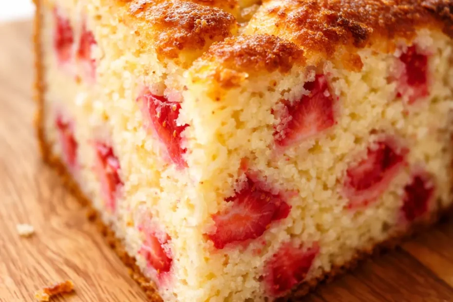 Moist strawberry lemon yogurt cake on a plate with lemon glaze, fresh strawberry slices, and lemon zest, revealing a tender crumb.