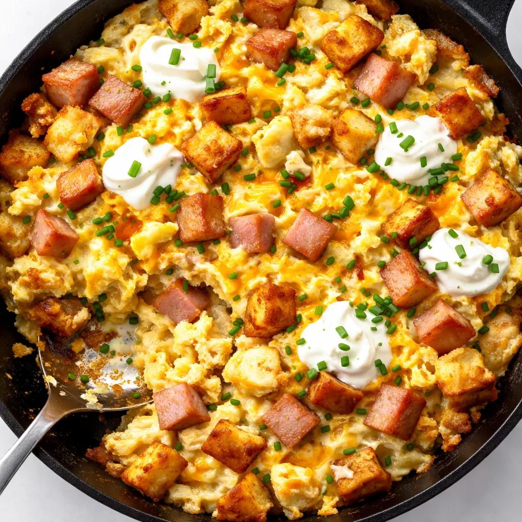 Shredded potatoes and eggs cooking in a skillet with melted cheddar cheese, creating a golden, gooey breakfast scramble.