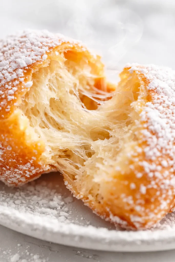 Golden-brown New Orleans vanilla beignets with a pillowy center and light dusting of powdered sugar on a plate
