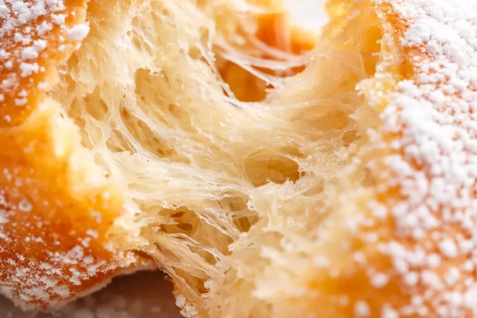 Golden-brown New Orleans vanilla beignets with a pillowy center and light dusting of powdered sugar on a plate