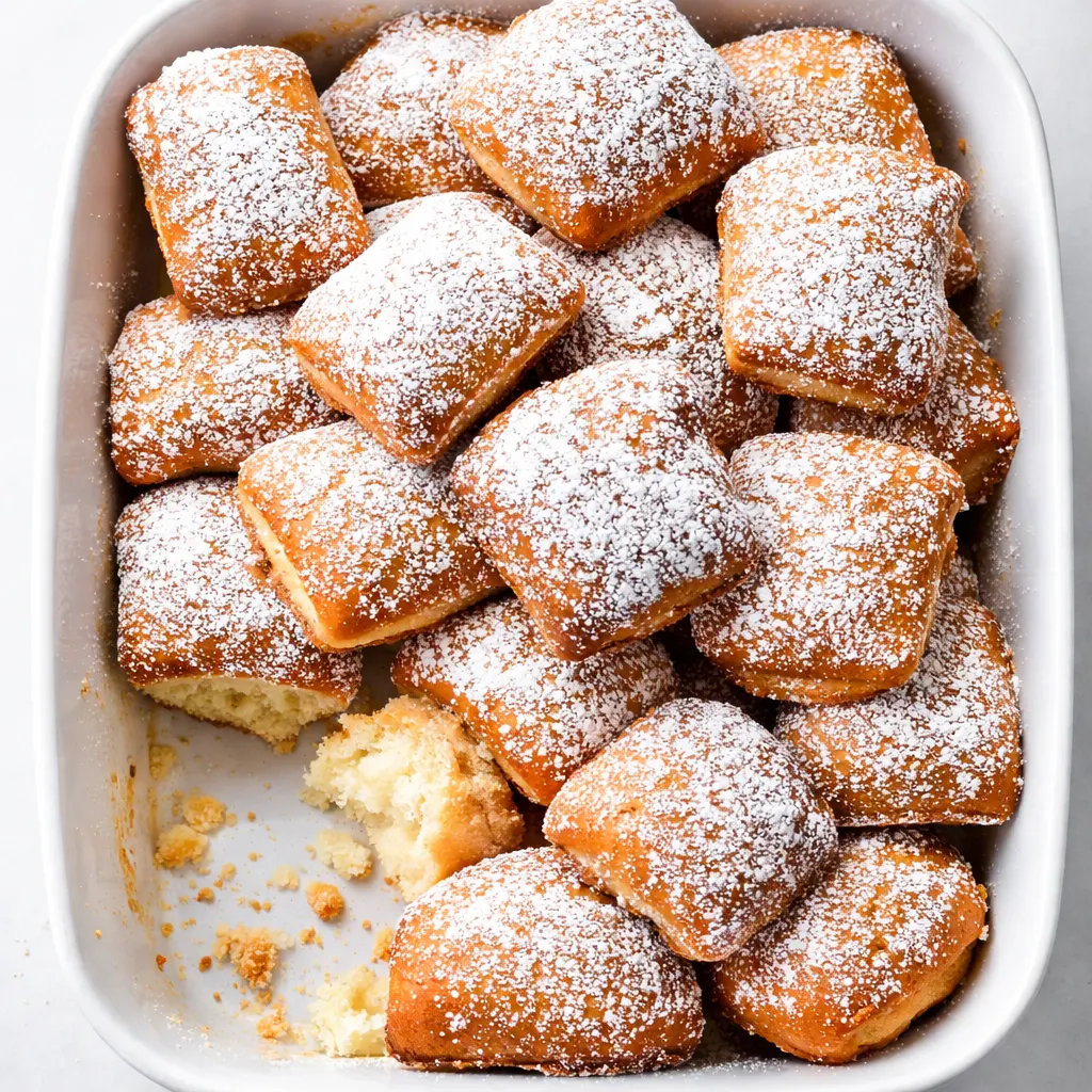 Lightly golden New Orleans vanilla beignets frying in oil, puffing up to a pillowy center, with powdered sugar.