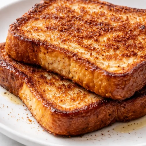Golden brown protein French toast slices dusted with cinnamon and powdered sugar, drizzled with syrup, on a white plate.