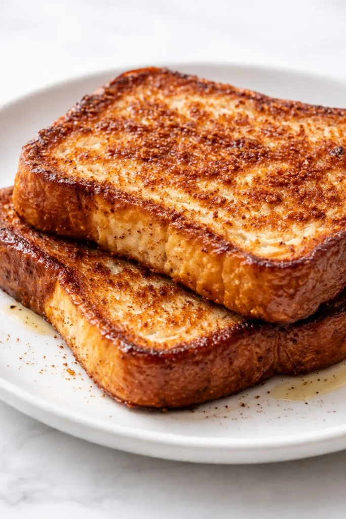 Golden brown protein French toast slices dusted with cinnamon and powdered sugar, drizzled with syrup, on a white plate.