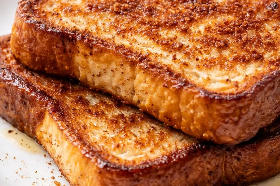 Golden brown protein French toast slices dusted with cinnamon and powdered sugar, drizzled with syrup, on a white plate.