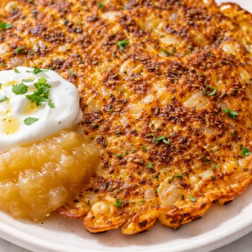 Golden brown crispy savory red lentil pancakes stacked on a plate, with a creamy dip and fresh herbs, showing crunchy texture and appetizing color.