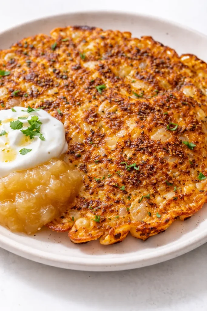 Golden brown crispy savory red lentil pancakes stacked on a plate, with a creamy dip and fresh herbs, showing crunchy texture and appetizing color.