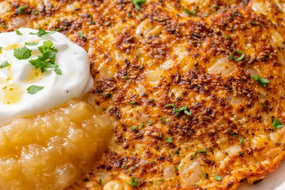 Golden brown crispy savory red lentil pancakes stacked on a plate, with a creamy dip and fresh herbs, showing crunchy texture and appetizing color.