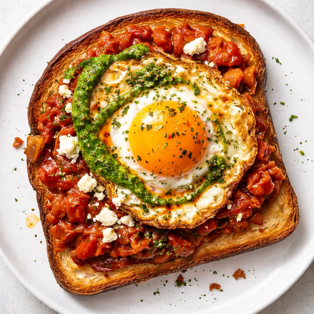 Golden fried egg with crumbled feta sizzling in a pan, shakshouka on toast preparation showing crispy edges.