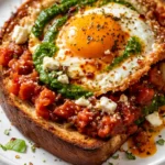 Crispy toast topped with shakshouka, a runny fried egg, and crumbled feta cheese in a vibrant tomato sauce.