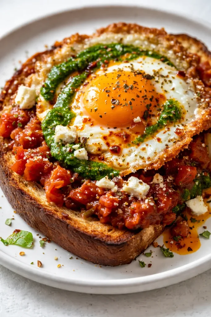 Crispy toast topped with shakshouka, a runny fried egg, and crumbled feta cheese in a vibrant tomato sauce.