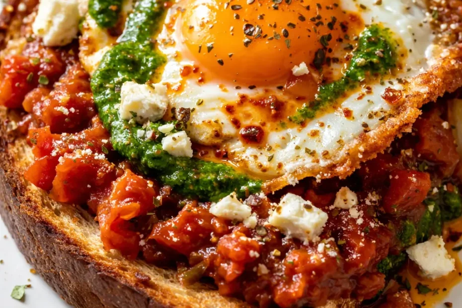 Crispy toast topped with shakshouka, a runny fried egg, and crumbled feta cheese in a vibrant tomato sauce.