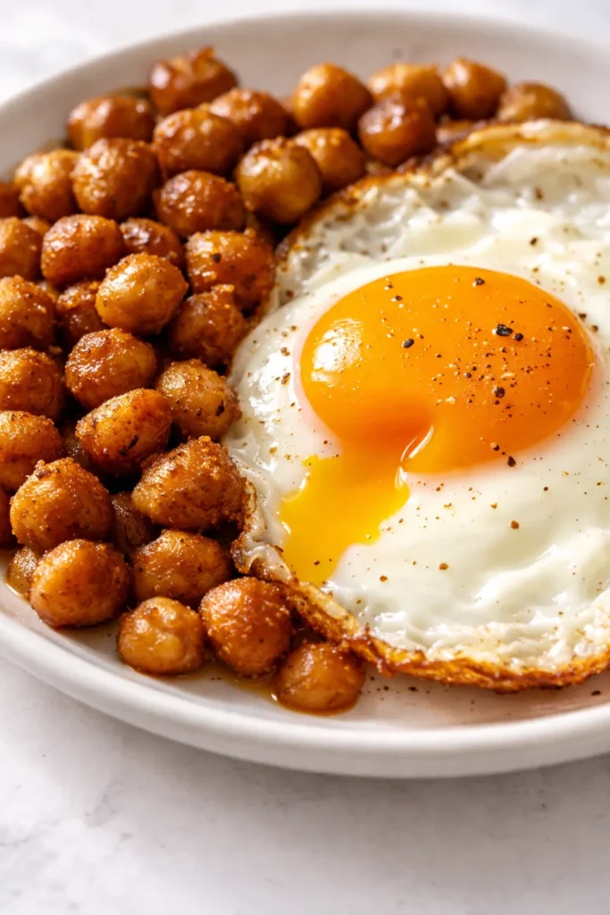 Spiced chickpea fried eggs with runny yolks and crispy edges on a bed of aromatic chickpeas, garnished with fresh herbs.