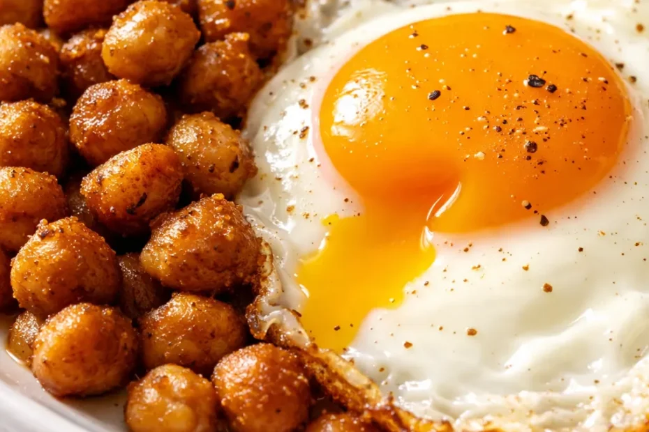Spiced chickpea fried eggs with runny yolks and crispy edges on a bed of aromatic chickpeas, garnished with fresh herbs.