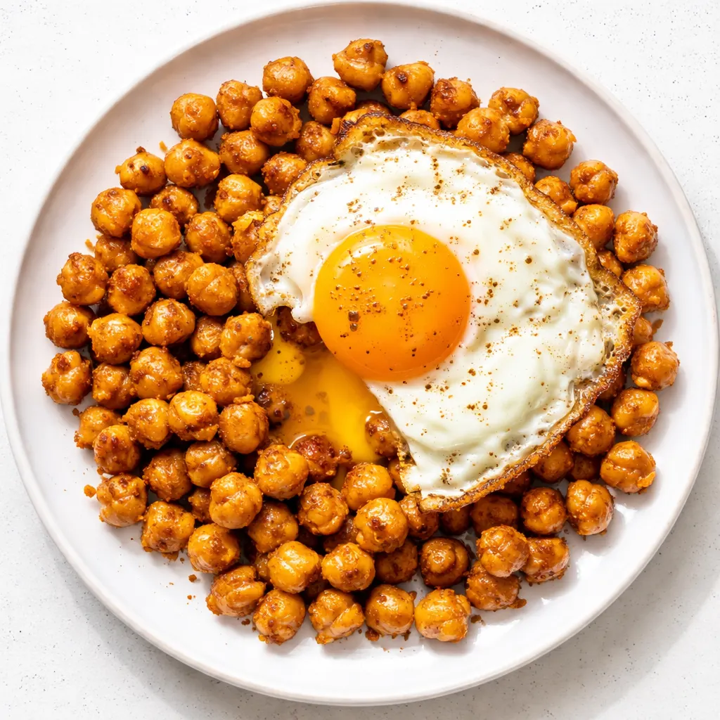 Spiced chickpea fried eggs sizzling in a cast iron skillet with golden, crispy edges and red chili flakes.