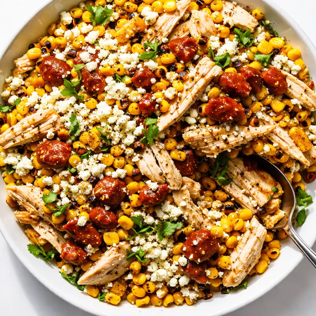 Diced grilled chicken, black beans, corn, and avocado tossed with creamy southwest dressing in a large bowl, colorful and fresh.
