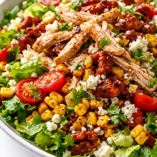 Vibrant spicy Southwest chicken salad with grilled chicken, black beans, corn, avocado, and cherry tomatoes, drizzled with creamy chipotle dressing, showing crisp textures and fresh colors.