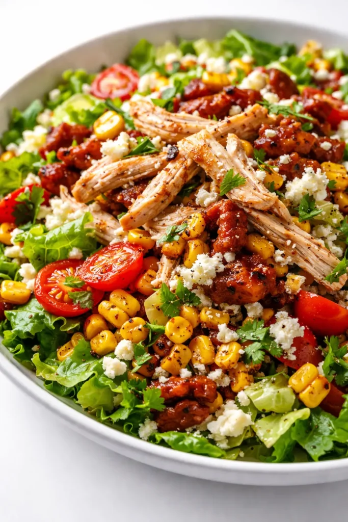 Vibrant spicy Southwest chicken salad with grilled chicken, black beans, corn, avocado, and cherry tomatoes, drizzled with creamy chipotle dressing, showing crisp textures and fresh colors.