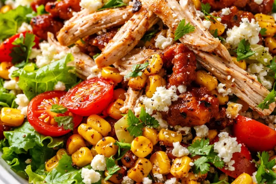 Vibrant spicy Southwest chicken salad with grilled chicken, black beans, corn, avocado, and cherry tomatoes, drizzled with creamy chipotle dressing, showing crisp textures and fresh colors.