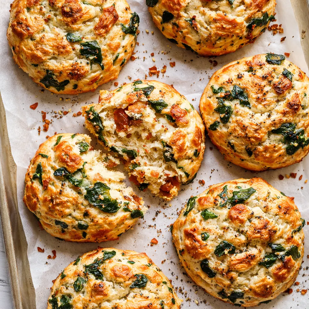Hand layering sun-dried tomatoes and fresh spinach on flaky biscuit dough, ready to be topped with egg for quick brunch.