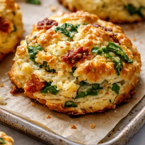 Flaky golden biscuit filled with creamy scrambled eggs, sun-dried tomatoes, and wilted spinach, topped with melted cheese.
