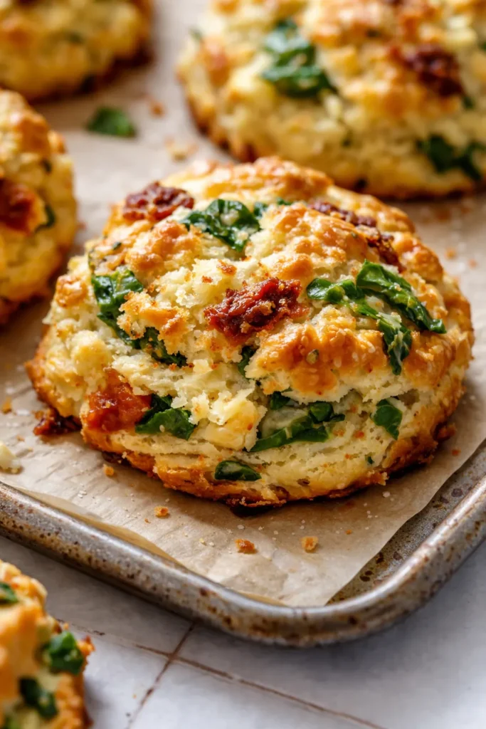 Flaky golden biscuit filled with creamy scrambled eggs, sun-dried tomatoes, and wilted spinach, topped with melted cheese.