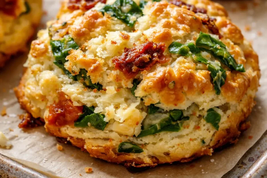 Flaky golden biscuit filled with creamy scrambled eggs, sun-dried tomatoes, and wilted spinach, topped with melted cheese.