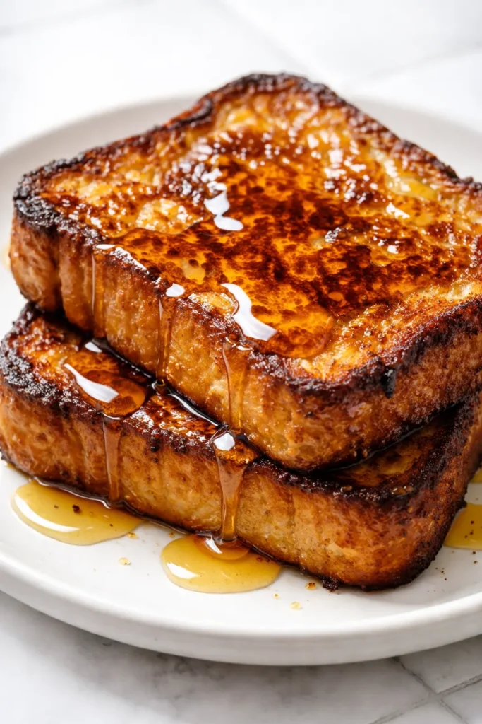 Golden vegan French toast slices with crispy edges, drizzled with maple syrup and topped with fresh berries, on a plate.
