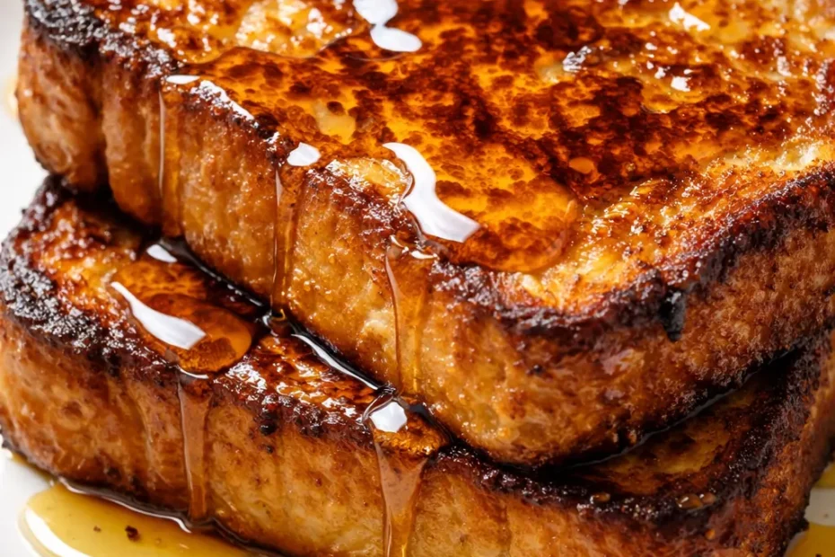 Golden vegan French toast slices with crispy edges, drizzled with maple syrup and topped with fresh berries, on a plate.