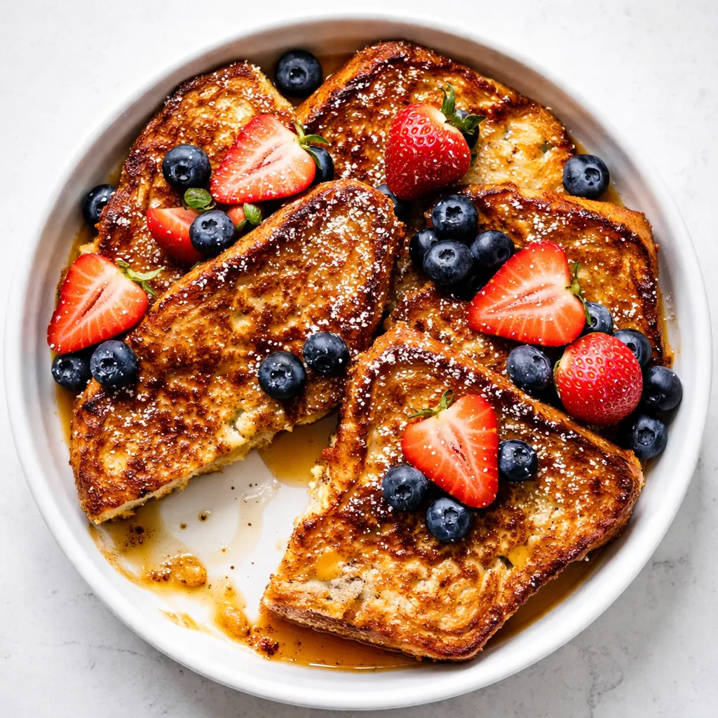 Golden brown vegan French toast on a plate, drizzled with maple syrup and topped with berries, showing a rich custardy interior with no sogginess.