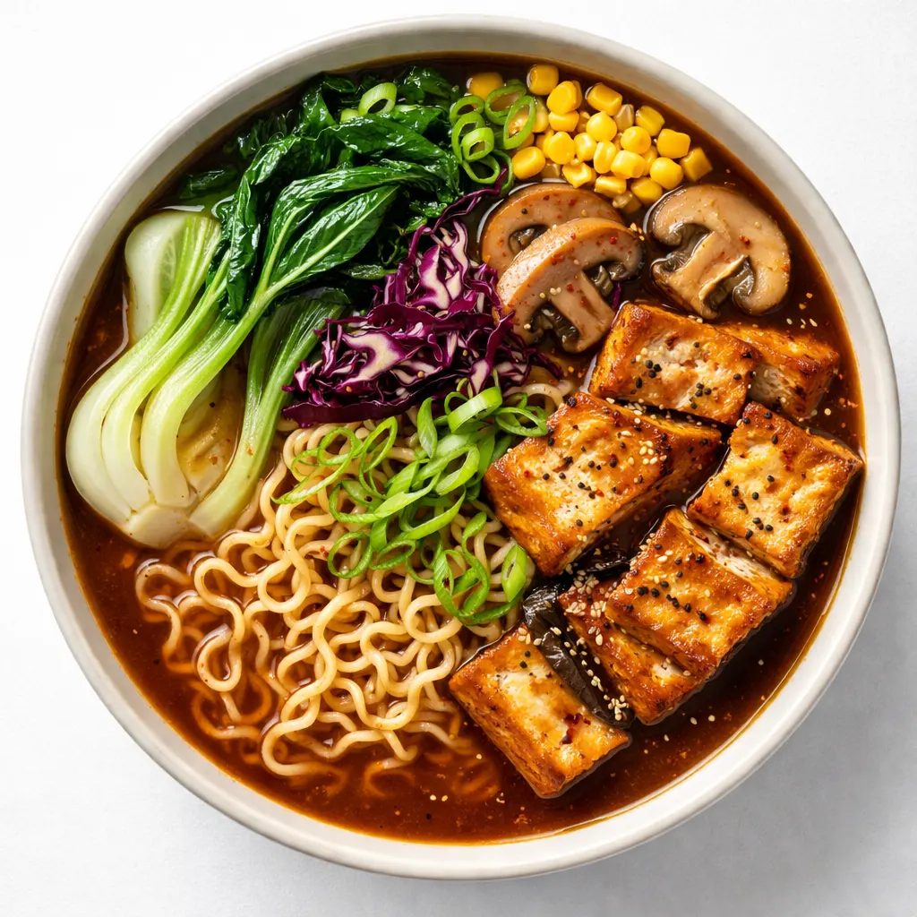Rich vegan ramen broth simmering in a pot, deep brown color with aromatic steam rising.