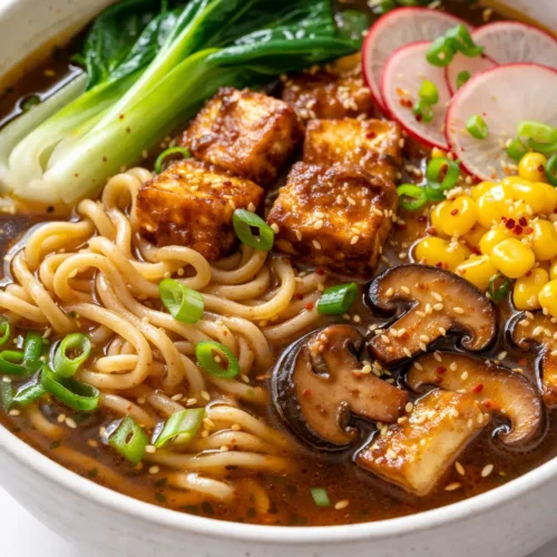 Rich golden vegan ramen broth in a bowl with green onions, nori, and sesame seeds, steaming hot with deep umami color.