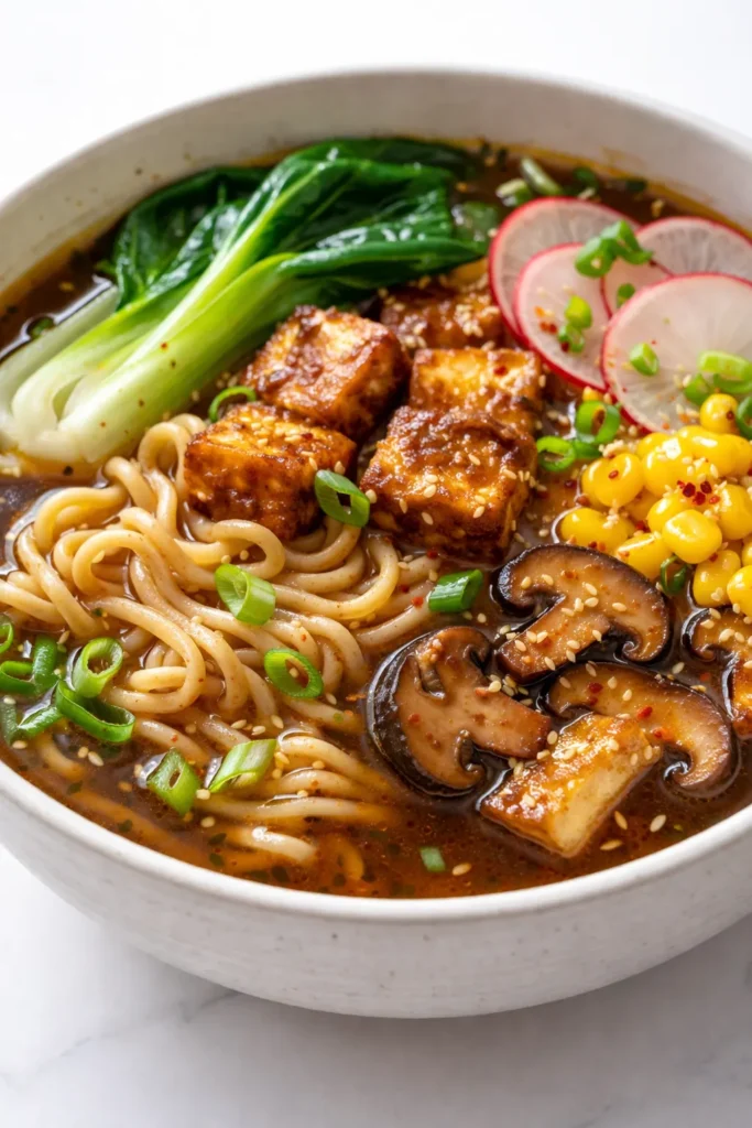 Rich golden vegan ramen broth in a bowl with green onions, nori, and sesame seeds, steaming hot with deep umami color.