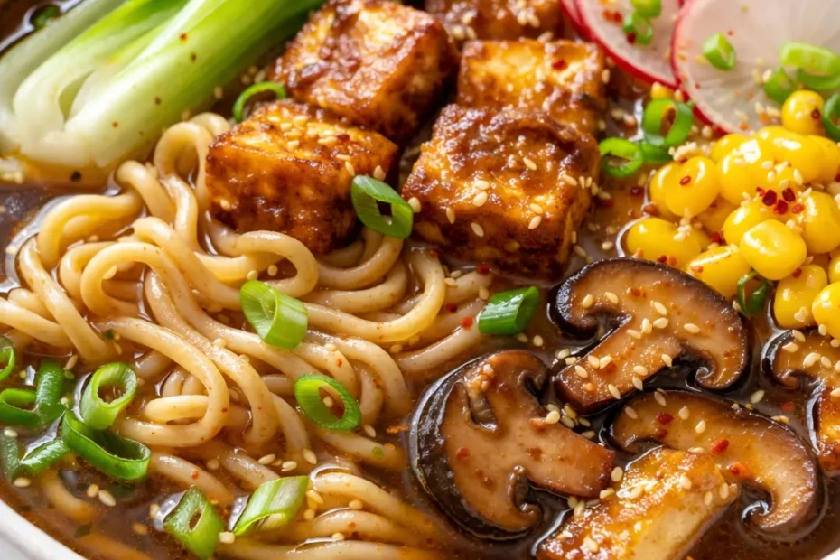 Rich golden vegan ramen broth in a bowl with green onions, nori, and sesame seeds, steaming hot with deep umami color.