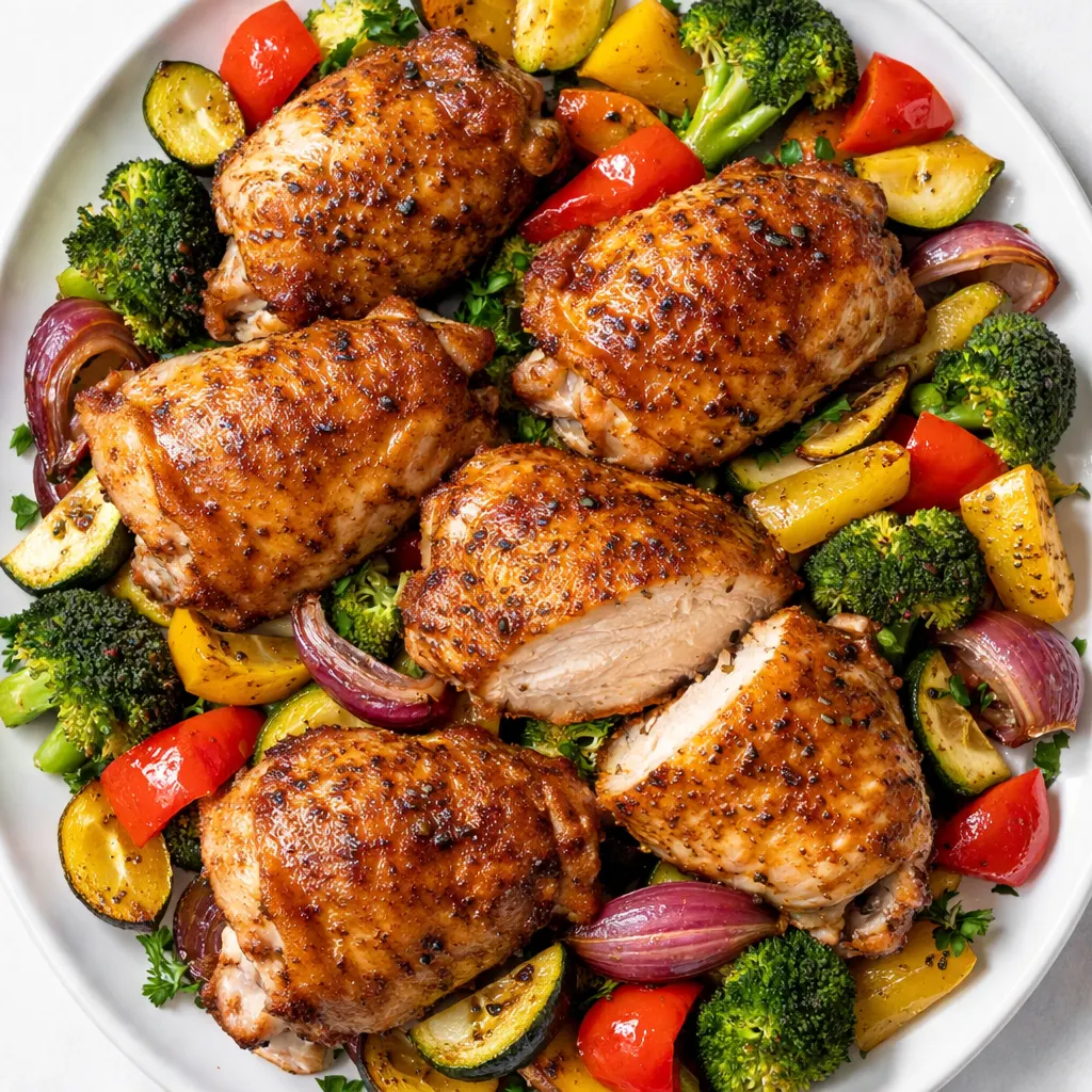 Crispy air fryer chicken and veggies with golden-brown skin and roasted broccoli, bell peppers in basket