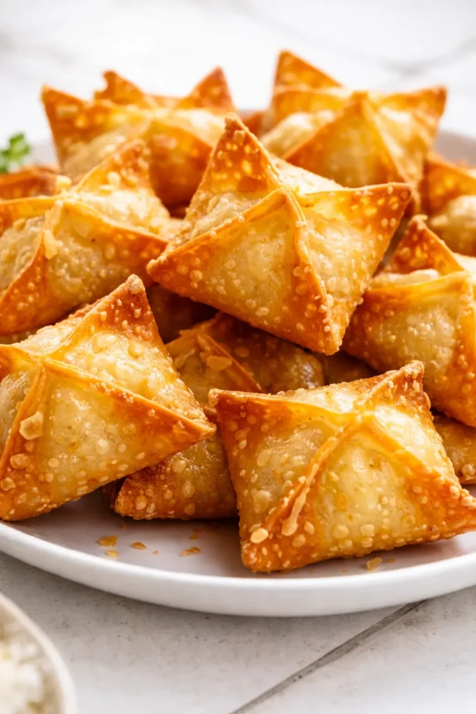 Crispy golden brown air fryer cream cheese wontons arranged on a plate, showing no leaks or sogginess.
