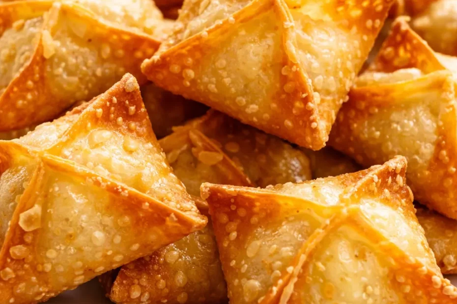 Crispy golden brown air fryer cream cheese wontons arranged on a plate, showing no leaks or sogginess.