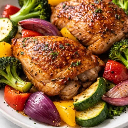Golden crispy air fryer chicken pieces and roasted vegetables on a white plate, showing crunchy texture and vibrant colors.