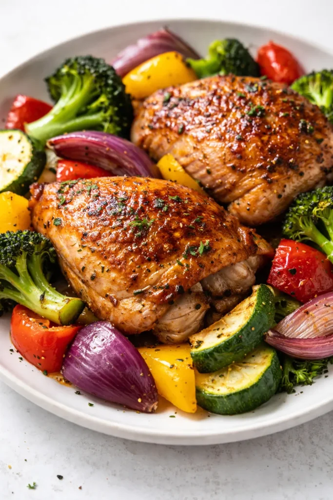 Golden crispy air fryer chicken pieces and roasted vegetables on a white plate, showing crunchy texture and vibrant colors.