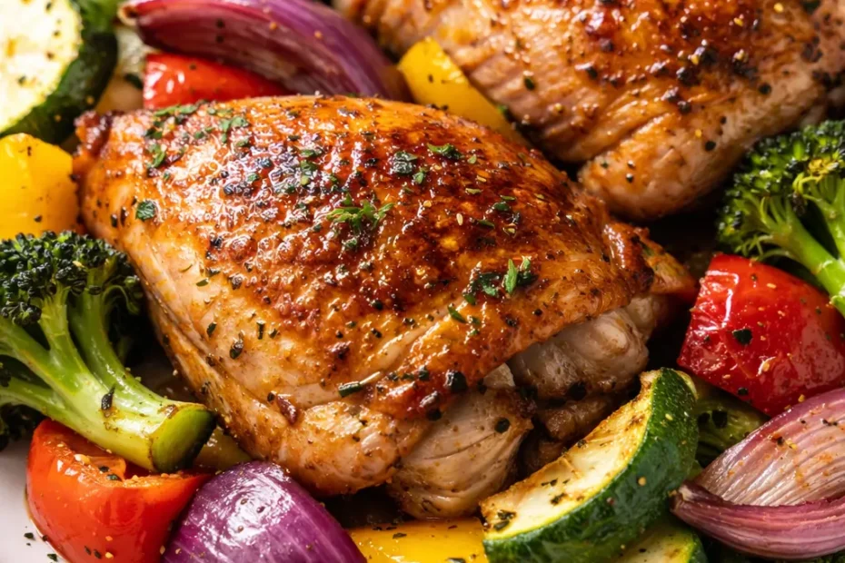 Golden crispy air fryer chicken pieces and roasted vegetables on a white plate, showing crunchy texture and vibrant colors.