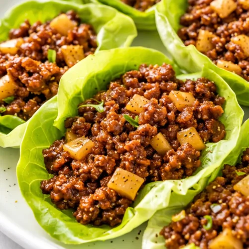 Crisp lettuce cups filled with savory Asian-style ground beef, topped with green onions and sesame seeds, vibrant colors and textures.
