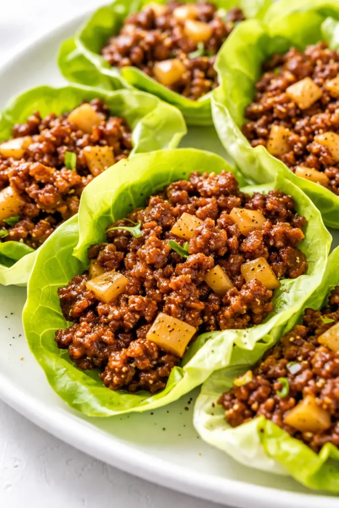 Crisp lettuce cups filled with savory Asian-style ground beef, topped with green onions and sesame seeds, vibrant colors and textures.