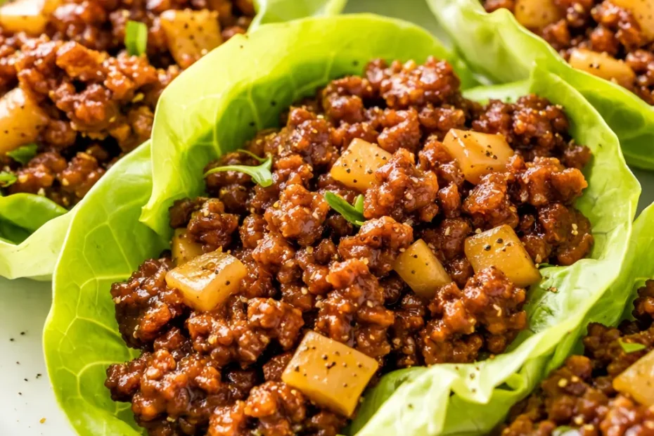 Crisp lettuce cups filled with savory Asian-style ground beef, topped with green onions and sesame seeds, vibrant colors and textures.