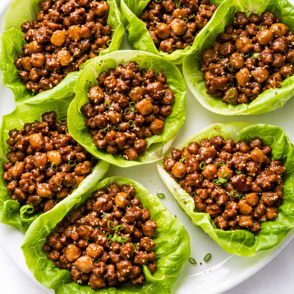 browning ground beef with garlic and ginger in a skillet for Asian-style lettuce wraps, glossy sauce coating the meat